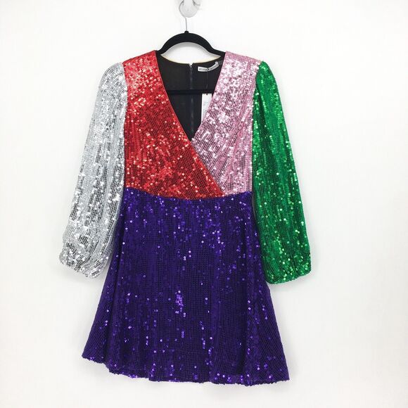 Alice + Olivia Women 0 Blaze Dress Sequin Blouson Sleeve Color Block Mini NEW - Picture 1 of 7